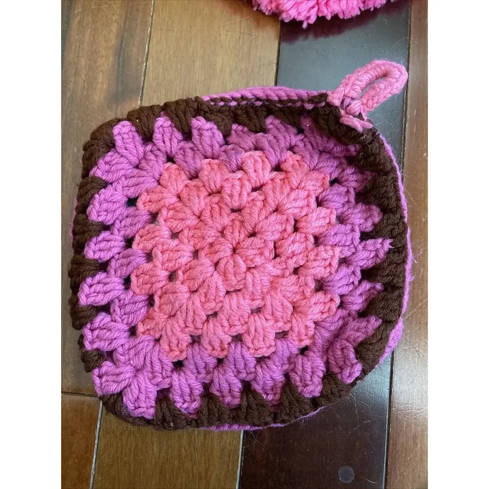 Vintage Crochet Potholders/‎ Hot Pads + crochet bottle dress (?).